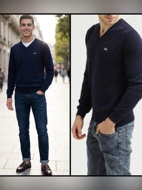 Lacoste Men's Dark Blue V-Neck Jersey Knit Cotton Preppy Academia Sweater 3XL